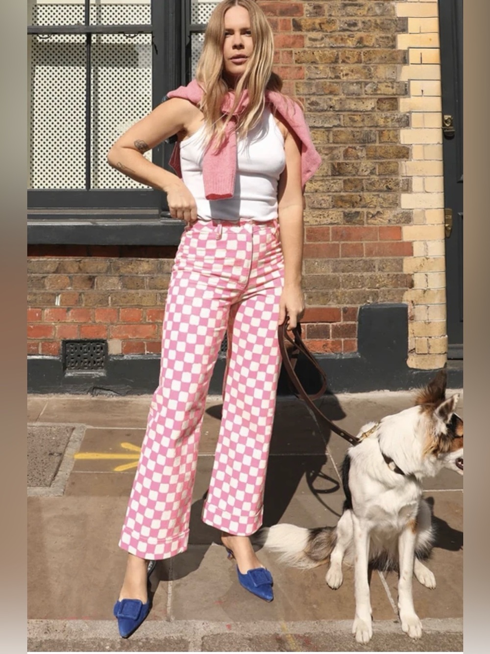 KITRI x Jessie Bush Pink White Checker Trousers US 4 UK 8 Cotton